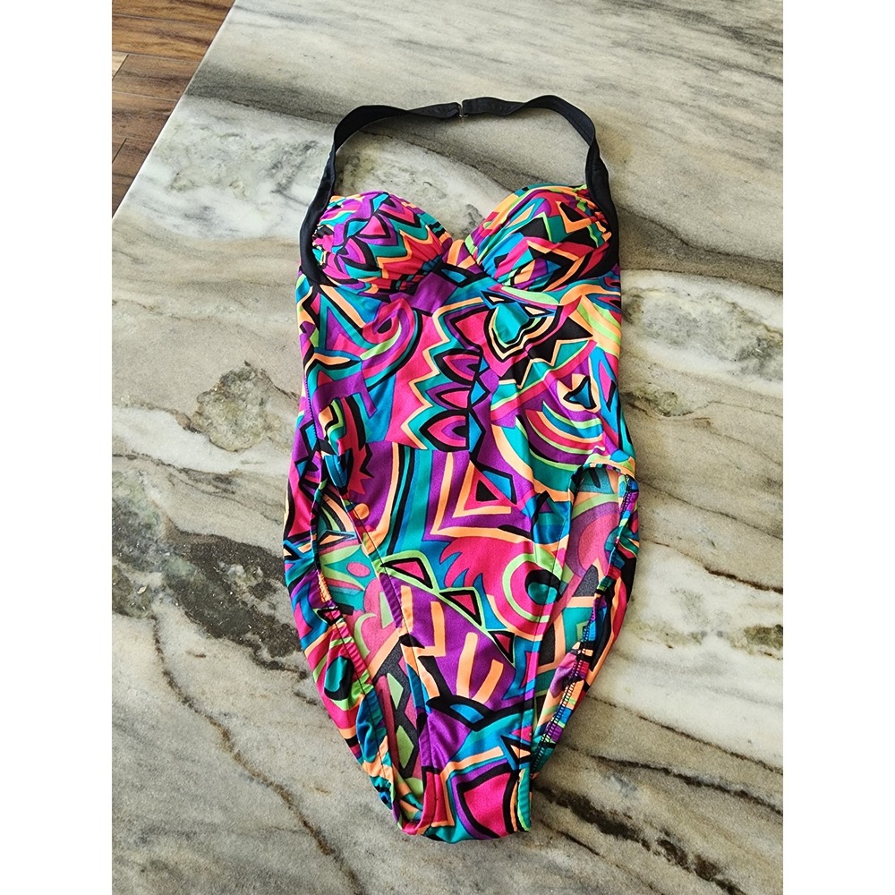 VTG‎ 90s Coastal Zone Jantzen Neon Abstract Geometric One Piece Swimsuit Halter